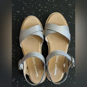 Women’s Timberland sandals with Sensorflex comfort system insole. Pewter color.